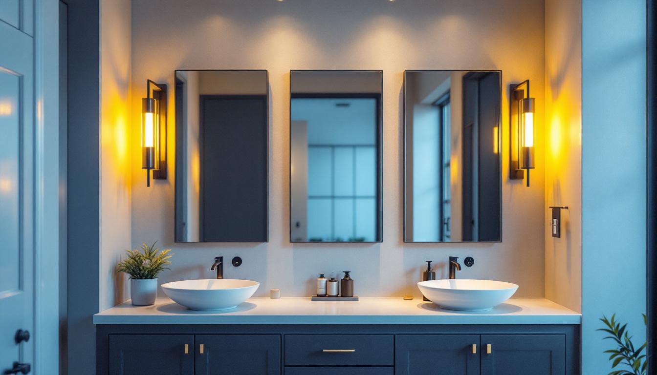 A photograph of a stylish bathroom vanity featuring an elegant 8-light vanity fixture
