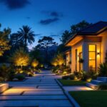 A photograph of a beautifully illuminated outdoor space featuring a variety of stylish house lights