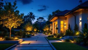 A photograph of a beautifully illuminated outdoor space featuring a variety of stylish house lights