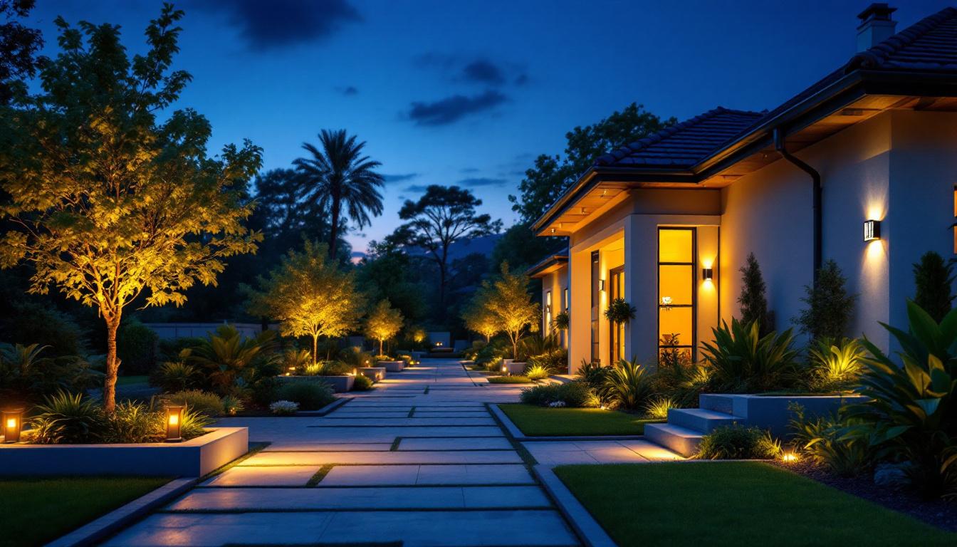 A photograph of a beautifully illuminated outdoor space featuring a variety of stylish house lights