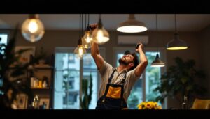 A photograph of a lighting contractor expertly installing or adjusting various stylish light fixtures in a beautifully designed home interior