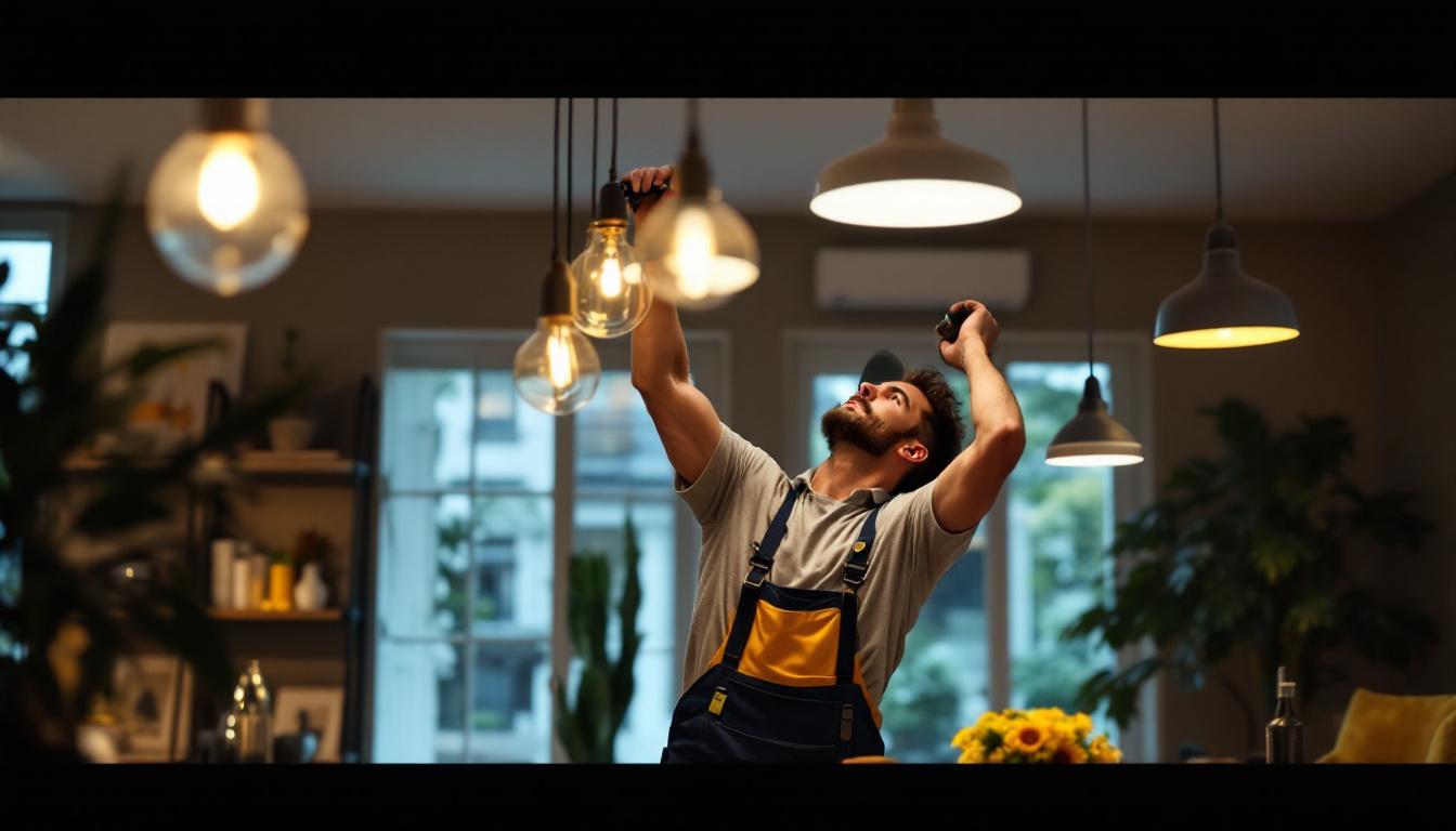 A photograph of a lighting contractor expertly installing or adjusting various stylish light fixtures in a beautifully designed home interior