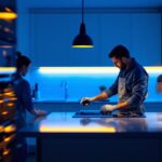 A photograph of a well-lit kitchen featuring stylish undercounter led lights illuminating countertops