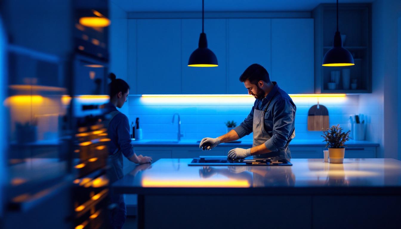 A photograph of a well-lit kitchen featuring stylish undercounter led lights illuminating countertops