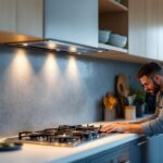 A photograph of a lighting contractor installing a recessed range outlet in a modern kitchen
