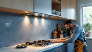 A photograph of a lighting contractor installing a recessed range outlet in a modern kitchen