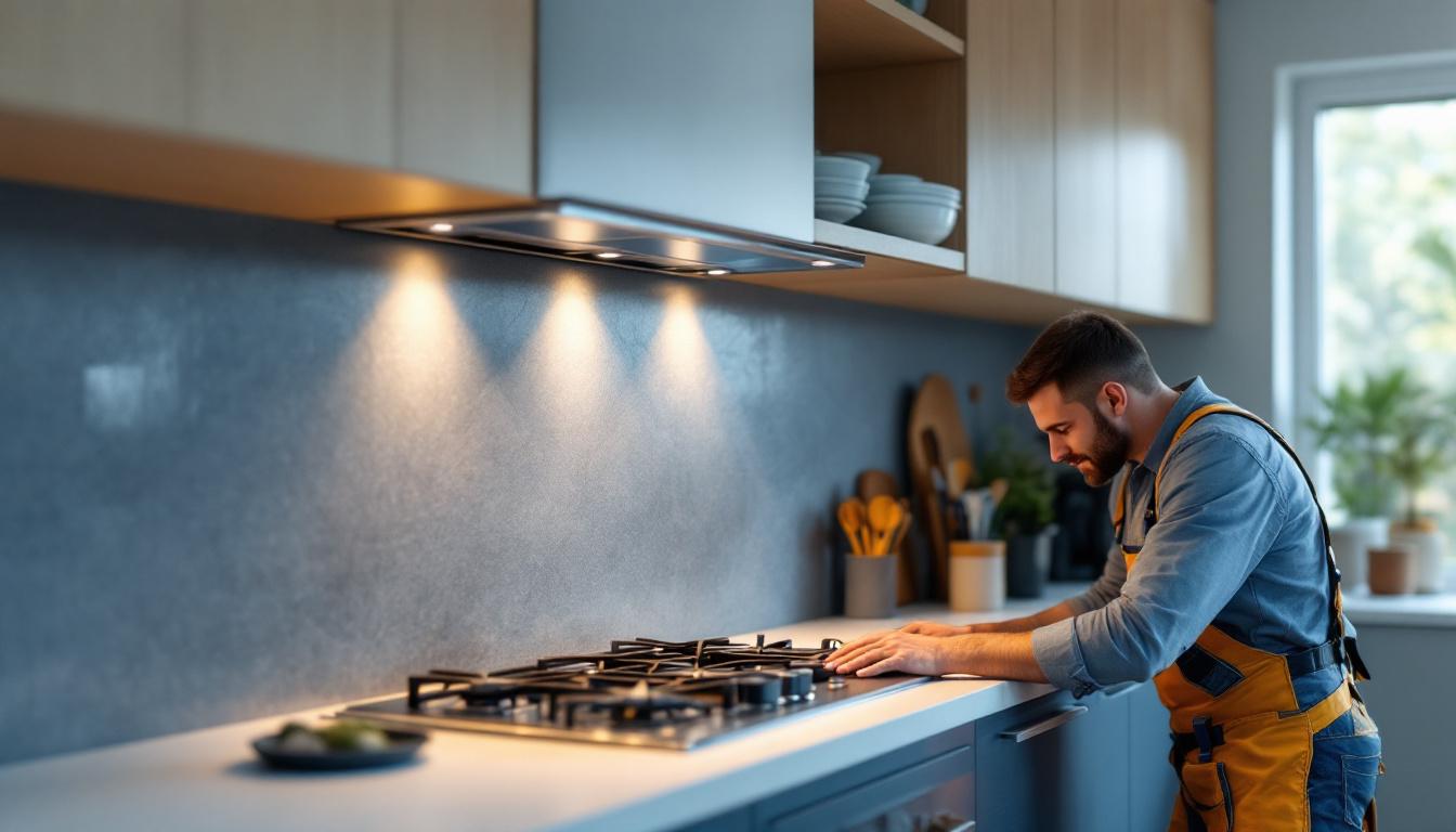 A photograph of a lighting contractor installing a recessed range outlet in a modern kitchen