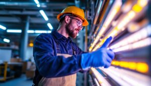 A photograph of a lighting contractor in action