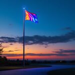 A photograph of a beautifully illuminated flagpole at dusk