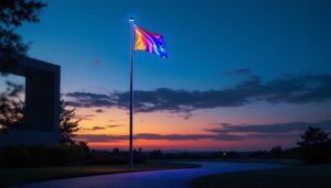 A photograph of a beautifully illuminated flagpole at dusk