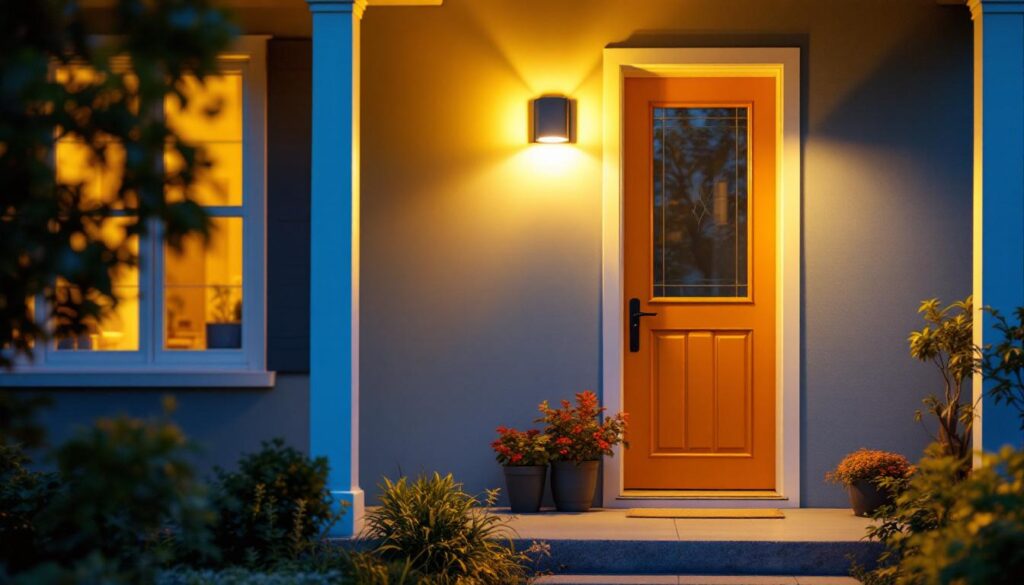A photograph of a well-lit front porch featuring a stylish motion sensor light in action