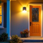 A photograph of a well-lit front porch featuring a stylish motion sensor light in action
