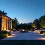 A photograph of a beautifully illuminated exterior space at dusk