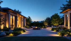 A photograph of a beautifully illuminated exterior space at dusk
