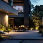 A photograph of a modern outdoor setting showcasing rab flood light fixtures in action