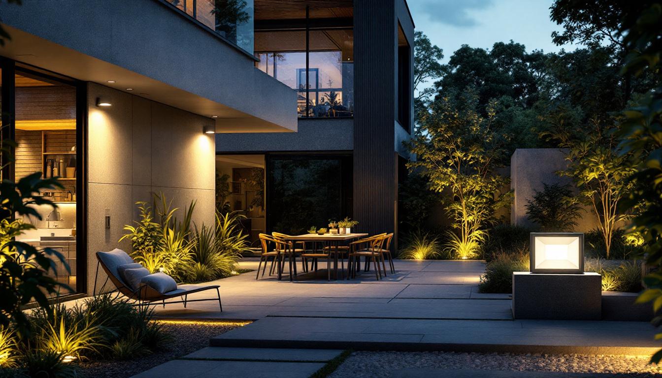 A photograph of a modern outdoor setting showcasing rab flood light fixtures in action