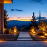 A photograph of a beautifully illuminated outdoor space featuring solar floor lights in various settings