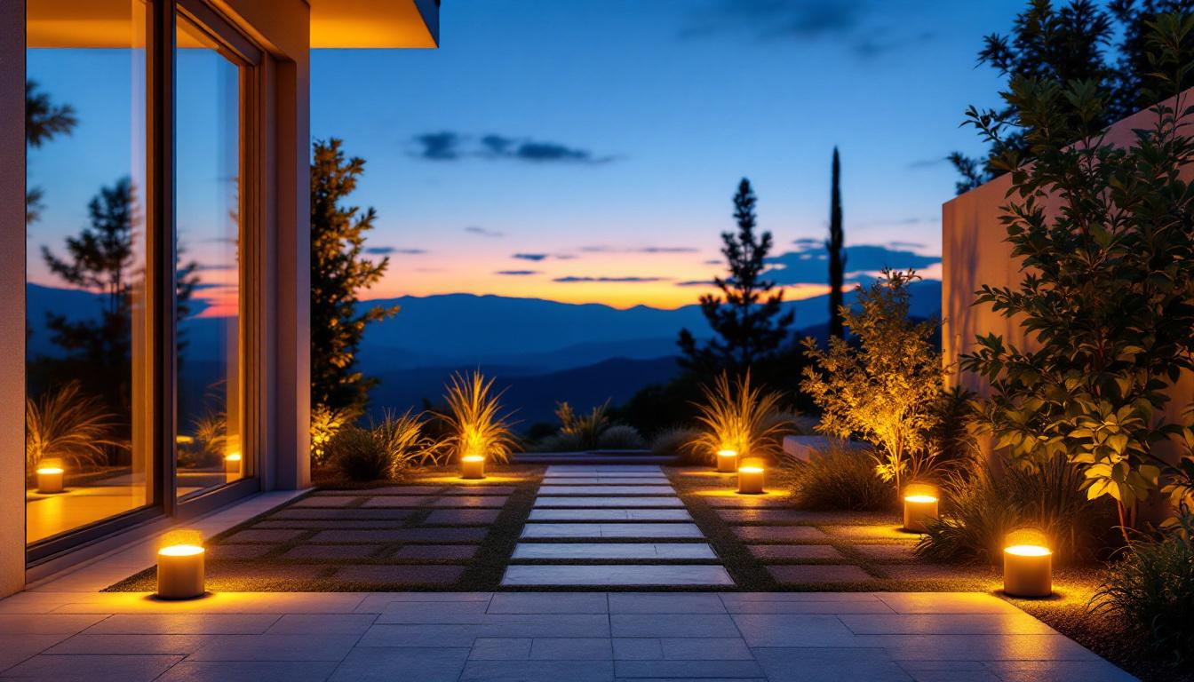 A photograph of a beautifully illuminated outdoor space featuring solar floor lights in various settings