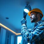 A photograph of a skilled lighting contractor expertly installing or adjusting lighting fixtures in a modern residential or commercial space