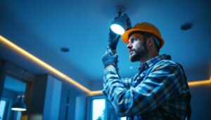 A photograph of a skilled lighting contractor expertly installing or adjusting lighting fixtures in a modern residential or commercial space