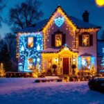 A photograph of a beautifully illuminated outdoor scene featuring projected christmas lights on a home