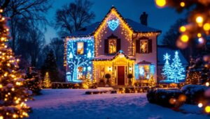 A photograph of a beautifully illuminated outdoor scene featuring projected christmas lights on a home