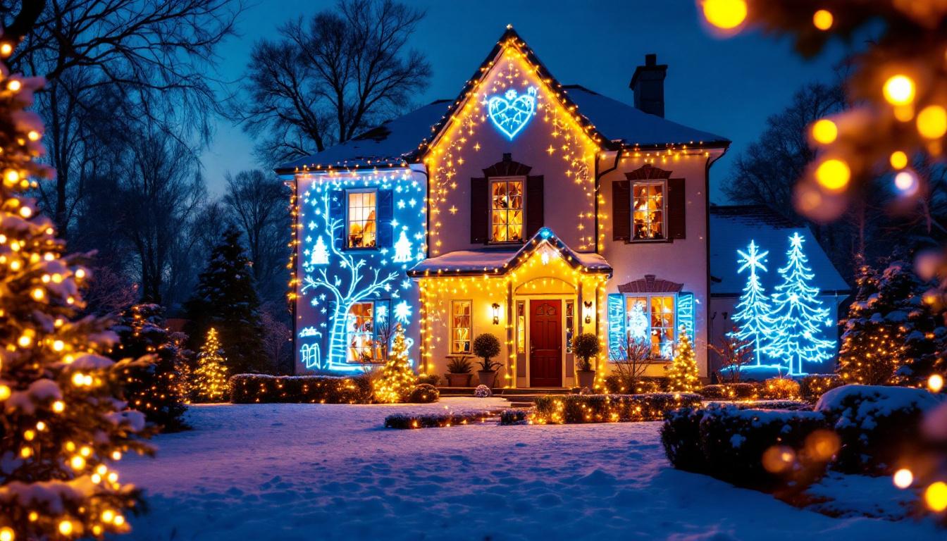 A photograph of a beautifully illuminated outdoor scene featuring projected christmas lights on a home