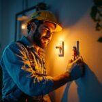 A photograph of a lighting contractor installing a single way switch in a residential setting