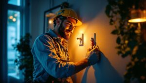 A photograph of a lighting contractor installing a single way switch in a residential setting