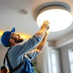 A photograph of a skilled lighting contractor installing or adjusting a stylish ceiling fixture in a well-lit