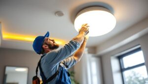 A photograph of a skilled lighting contractor installing or adjusting a stylish ceiling fixture in a well-lit