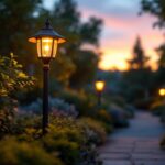A photograph of a beautifully illuminated garden light pole in a lush garden setting during twilight