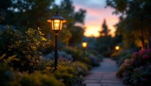 A photograph of a beautifully illuminated garden light pole in a lush garden setting during twilight
