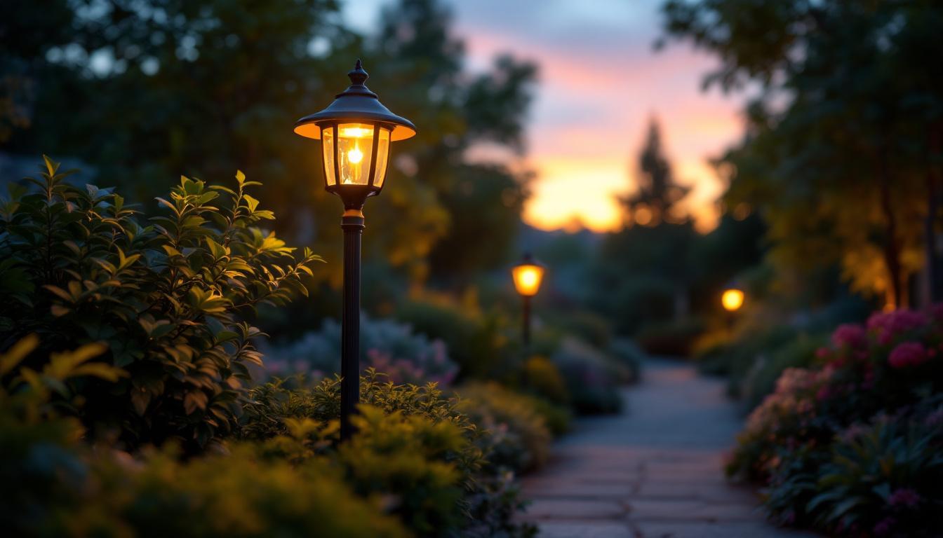 A photograph of a beautifully illuminated garden light pole in a lush garden setting during twilight
