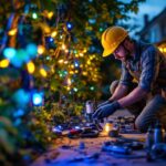 A photograph of a lighting contractor installing vibrant led lights in an outdoor setting