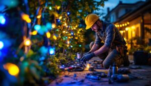 A photograph of a lighting contractor installing vibrant led lights in an outdoor setting