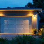 A photograph of a well-lit garage exterior showcasing various outdoor lighting options