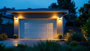 A photograph of a well-lit garage exterior showcasing various outdoor lighting options