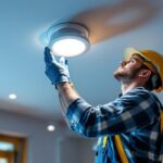 A photograph of a lighting contractor installing a recessed downlight can in a modern ceiling