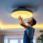 A photograph of a skilled lighting contractor installing a stylish ceiling mount light fixture in a modern home setting