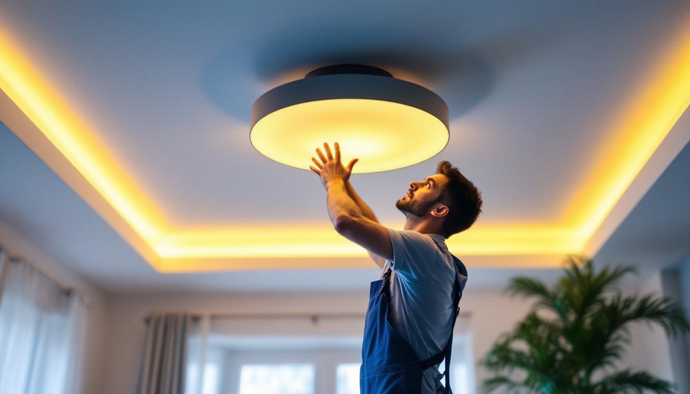 A photograph of a skilled lighting contractor installing a stylish ceiling mount light fixture in a modern home setting