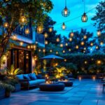 A photograph of a beautifully illuminated outdoor space showcasing an array of hanging garden lights