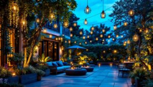 A photograph of a beautifully illuminated outdoor space showcasing an array of hanging garden lights