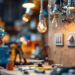 A photograph of a lighting contractor examining various three-way light switches in a well-lit workshop
