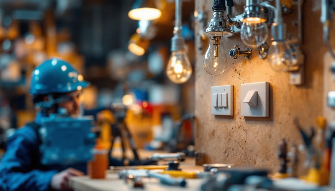 A photograph of a lighting contractor examining various three-way light switches in a well-lit workshop