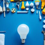 A photograph of a well-organized workspace featuring a variety of lamp fixture replacement parts