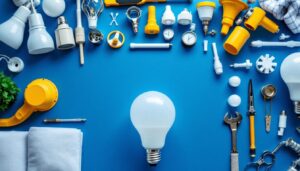 A photograph of a well-organized workspace featuring a variety of lamp fixture replacement parts