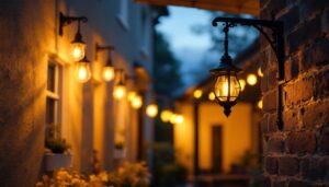 A photograph of a beautifully designed exterior hanging light fixture installed in an inviting outdoor setting