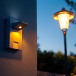 A photograph of a well-lit outdoor scene featuring a stylish lamp with a motion detector activated at dusk