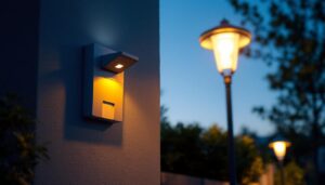 A photograph of a well-lit outdoor scene featuring a stylish lamp with a motion detector activated at dusk